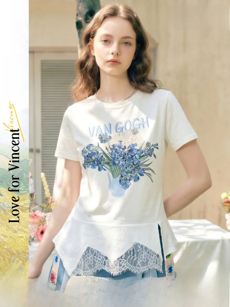 

Женская футболка Sweet Style с винтажным принтом, кружевными вставками и асимметричным подолом, новая модная хлопковая модель с коротким рукавом и круглым вырезом, весна
