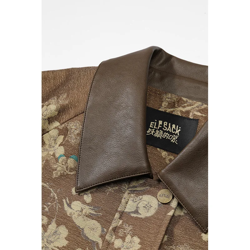 ELFSACK 2025 otoño nuevas llegadas Casual Vintage estampado Floral cuero cuello Patchwork chaqueta abrigo para mujer