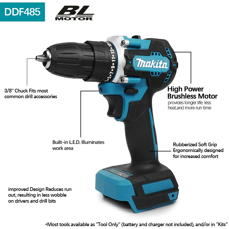 Makita 18V DDF485 10MM LXT Compact Cordless Tool Screwdriver Impact Brushless Driver Rechargeable Brushless Electric Power Drill