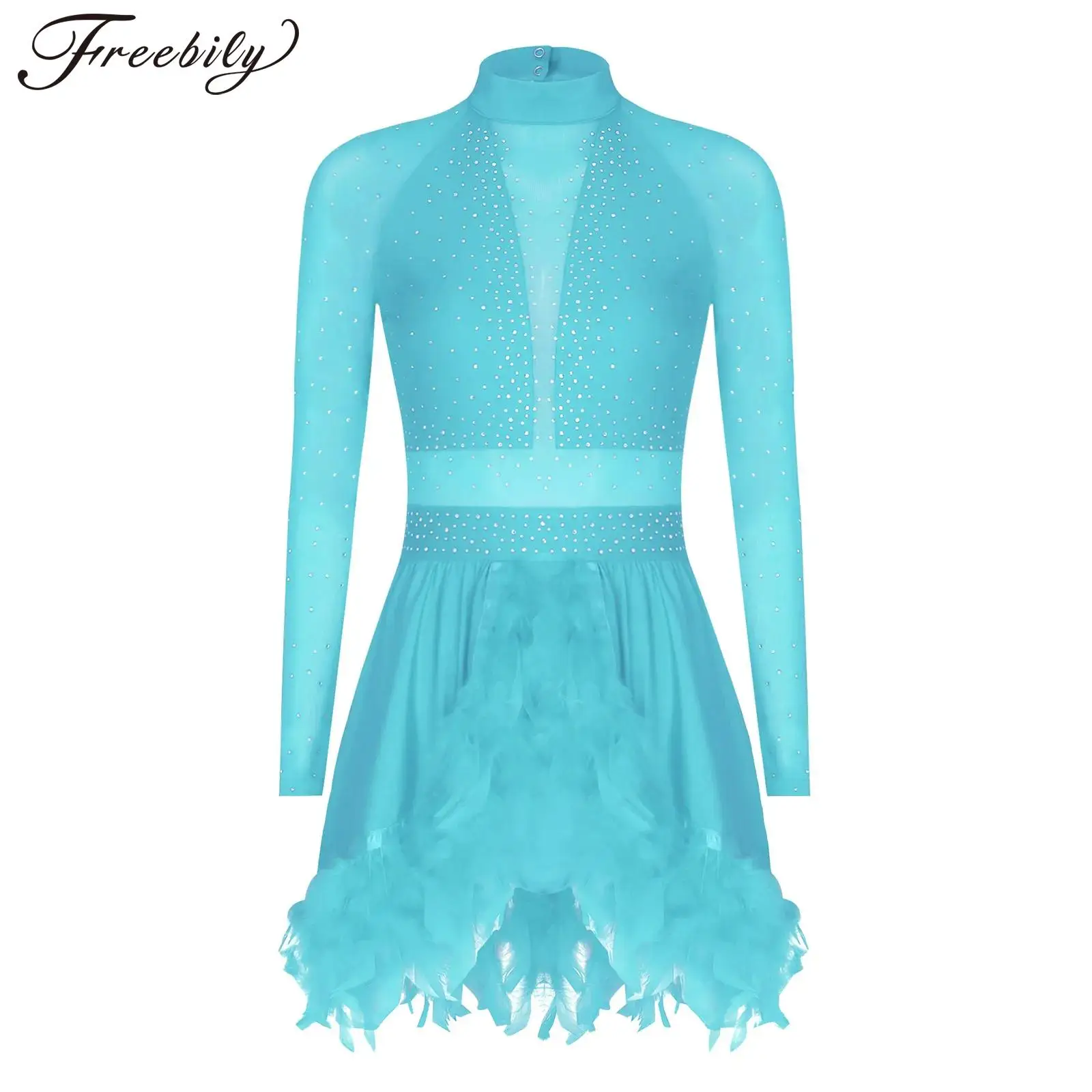 Frauen Glänzende Strass Eiskunstlauf Kleid Sheer Mesh Langarm Trikot Tutu für Lyrical Dance Gymnastik Ballett Akrobatik