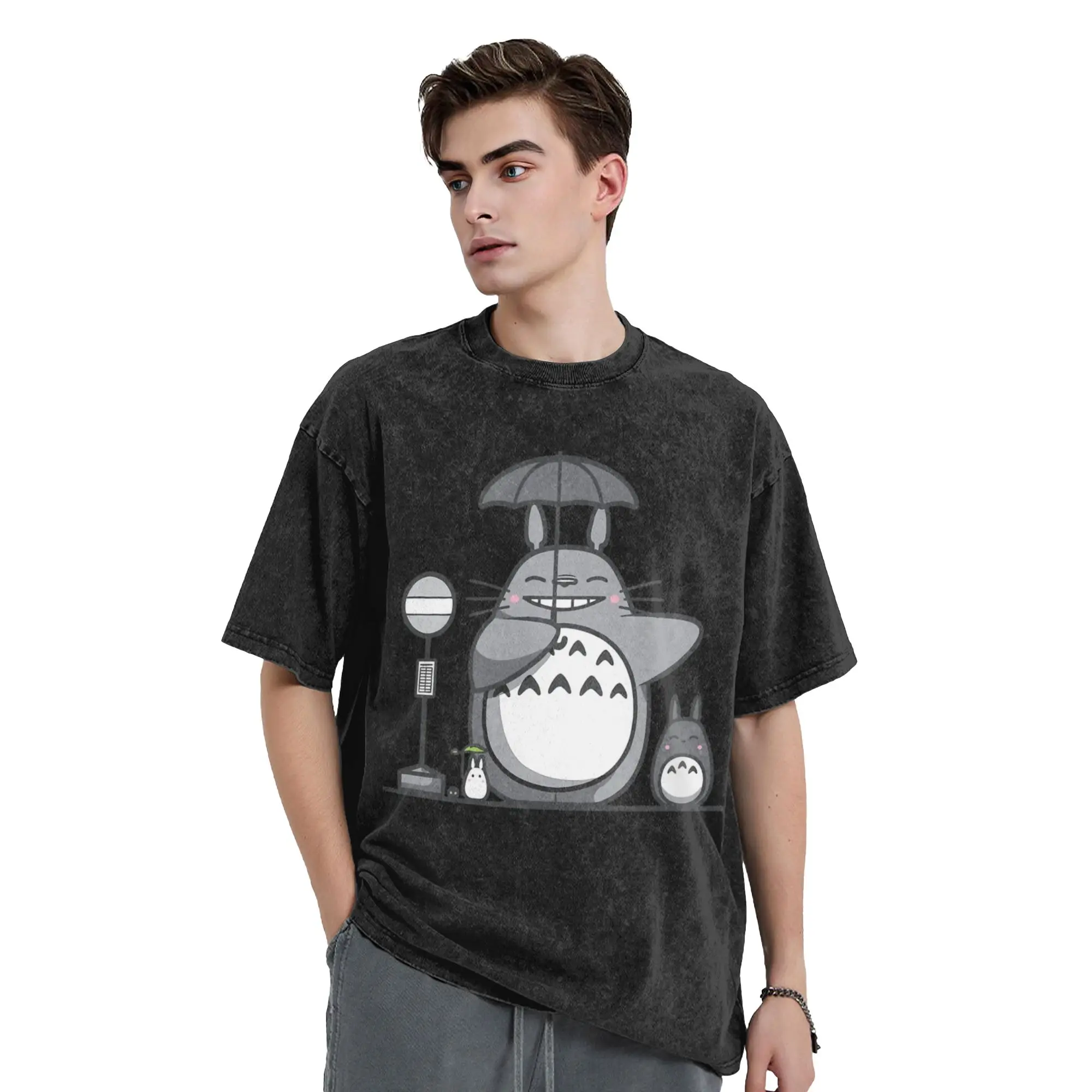 Gewaschene T-Shirts Anime Totoro-Miyazaki Bring The Umbrella T-Shirts Harajuku Streetwear Kurzarm bedruckte T-Shirts für Männer und Frauen – Detail 1