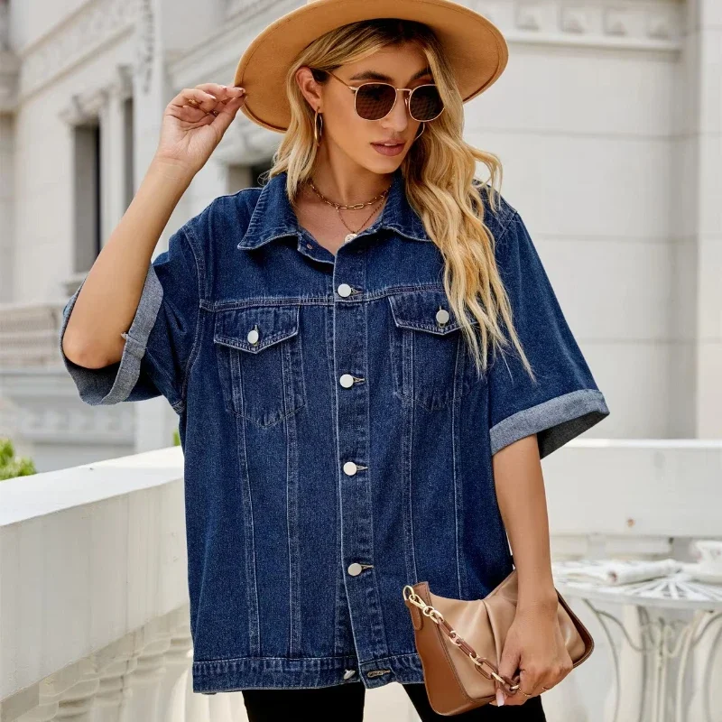 Women's Loose Short Sleeve Denim Jacket Wash Slimming Summer New Oversize Denim Shirt Trendy Comfortable Fabric Casual Jeans Top