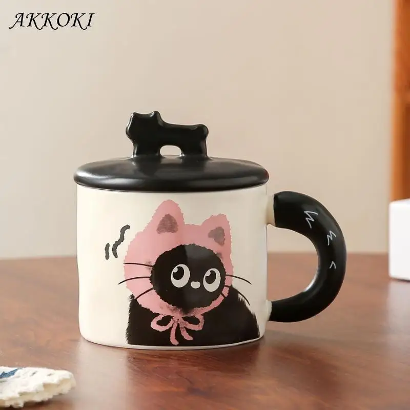 Ceramic Mugs Coffee Cups Creative Handle Coffee Mug with Cat Shaped Lid Hand Painted Water Cup Breakfast Mug Drinkware Kitchen ﻿