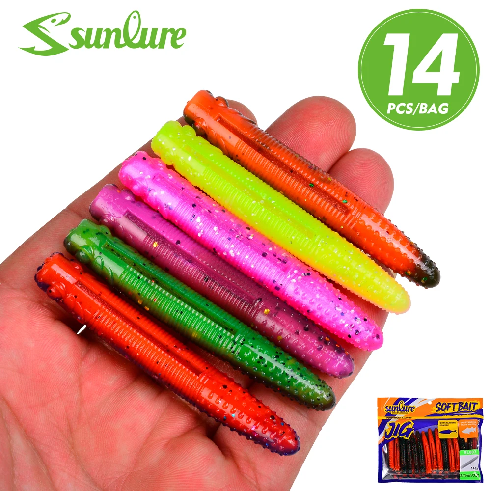 Sunlure 14pcs/bag Silicone Worm Lure 6.8cm Artificial Bait Slow Sinking Worm Bass Wobblers Scented Salt-Infused Breadworm Bait
