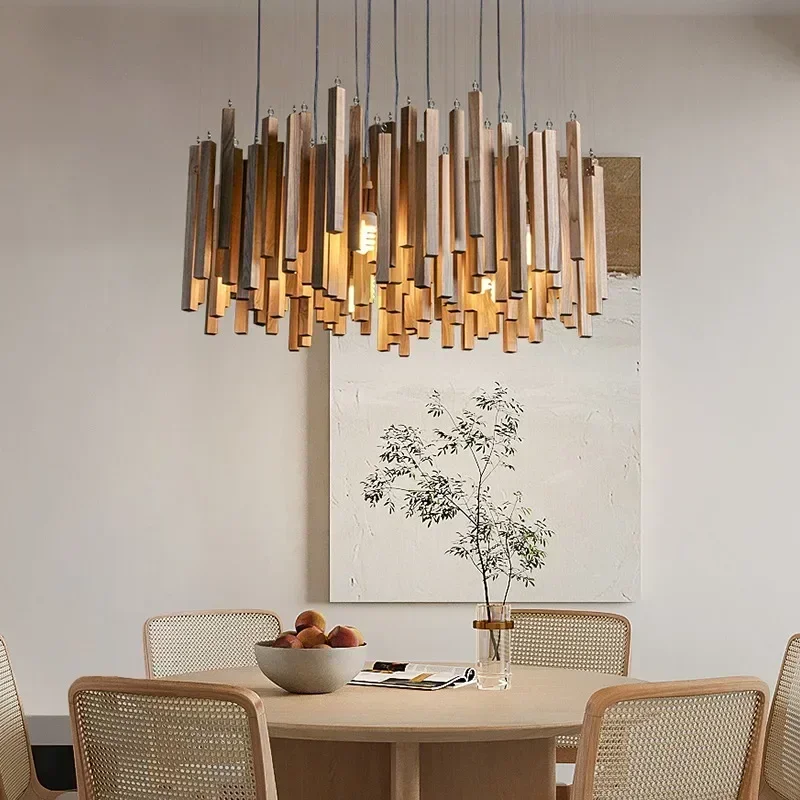 Nordic Designer Meteor Rain Retro Solid Wood Chandelier Japanese-style Wabi-sabi Style Dining Room Home Decor Pendant Lights LED