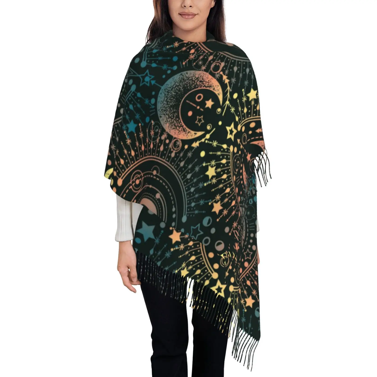 Celestial Moon Star Print Women Shawl Scarf, Cosmic Galaxy Pattern Tassel Wrap, Soft Warm Oversized Cape for Autumn Winter