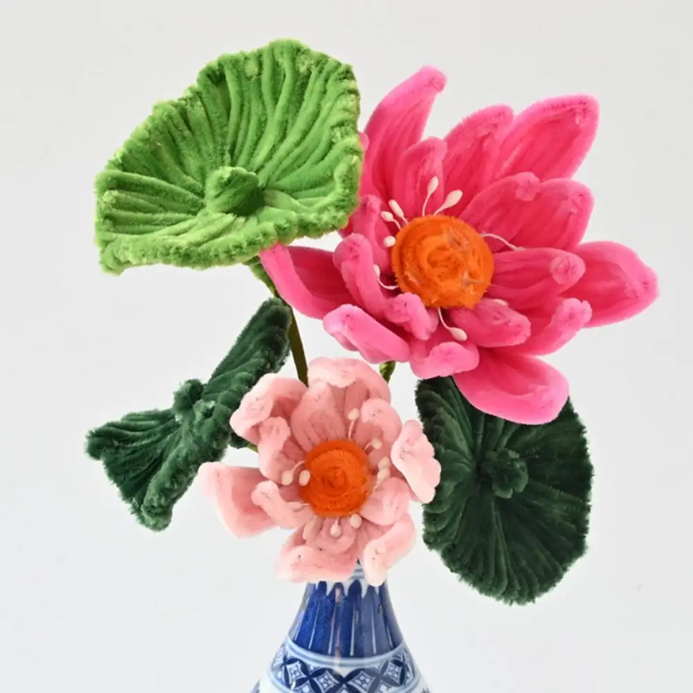 Finished Pipe Cleaner Flower Bouquet 2 Lotus Flowers 3 Lotus Leaves Artificial Chenille Stems Flower Craft For Vase Fake Flower view 2