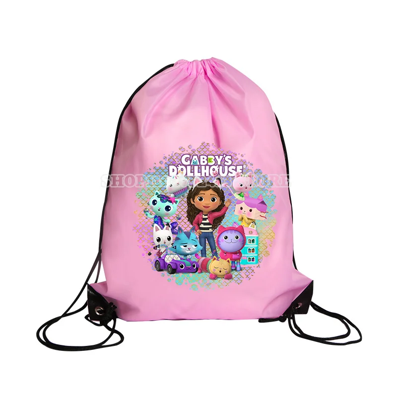 Gabby Dollhouse Drawstring Pockets Girl Cute Cartoon String Bags Clothes Shoes Storage Waterproof Packaging Pocket Pink Backpack