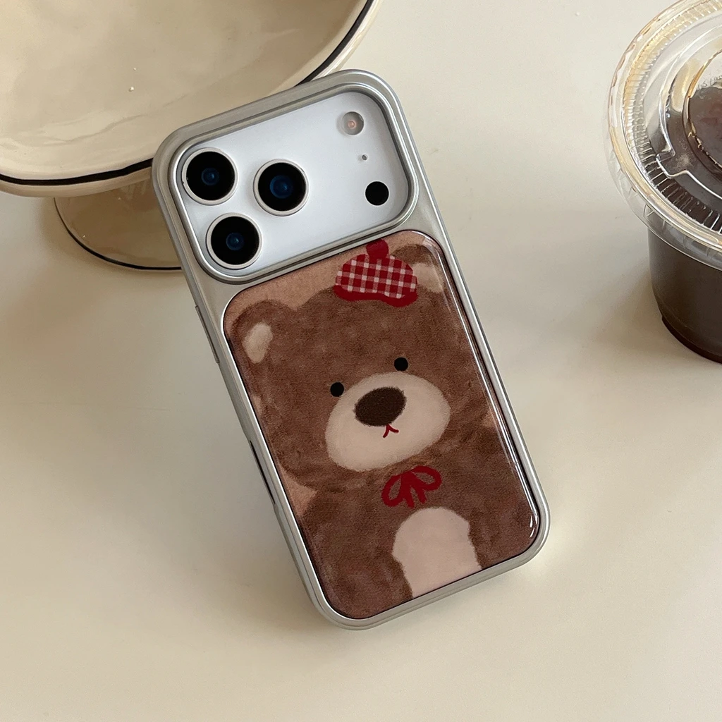 Cartoon Cute Brown Bear Red Hat Bowknot Drop Glue Silver Border Case For Samsung Galaxy S23 S24 S25 S26 PLUS ULTRA FE EDGE Y2K