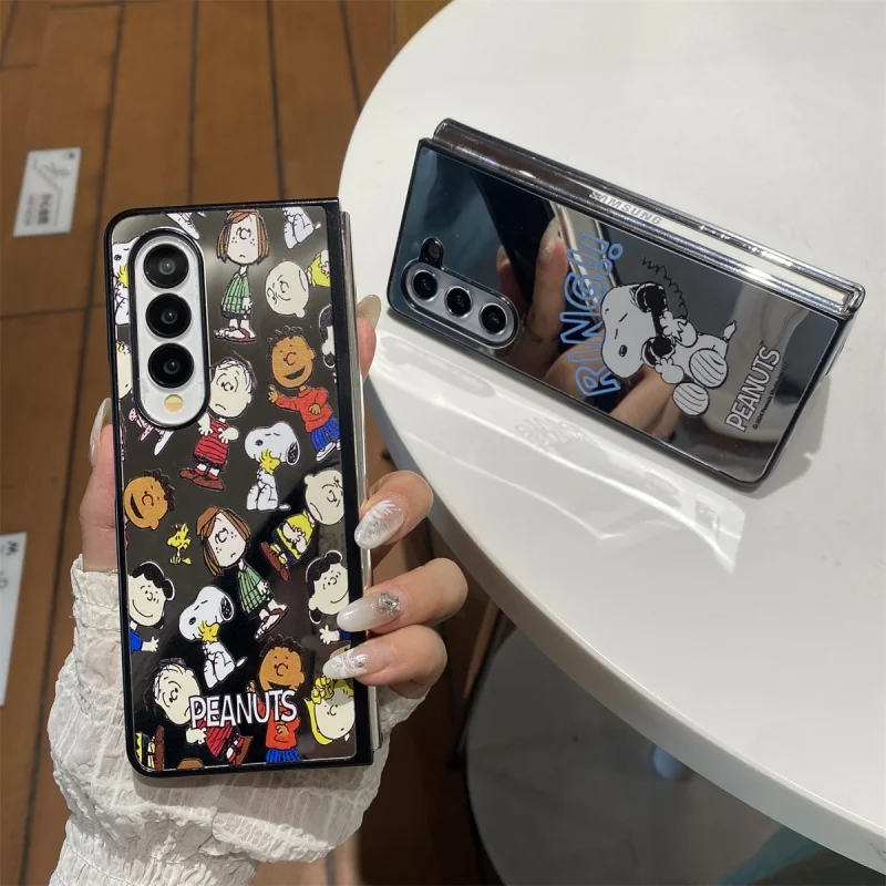 

Funny cartoon Cute Snoopy Make Up Mirror Folding Phone Case For Samsung ZFold 3 4 5 6 ZFold7 Snoopy Mirror girl's gift Cover