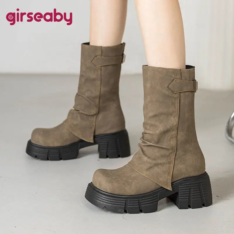

Girseaby Fashion shoes Retro Women's Mid-Calf Boots Round Toe 6.5cm Thick Bottom Flock Suede Slip-On Belt Buckle Platform Gray