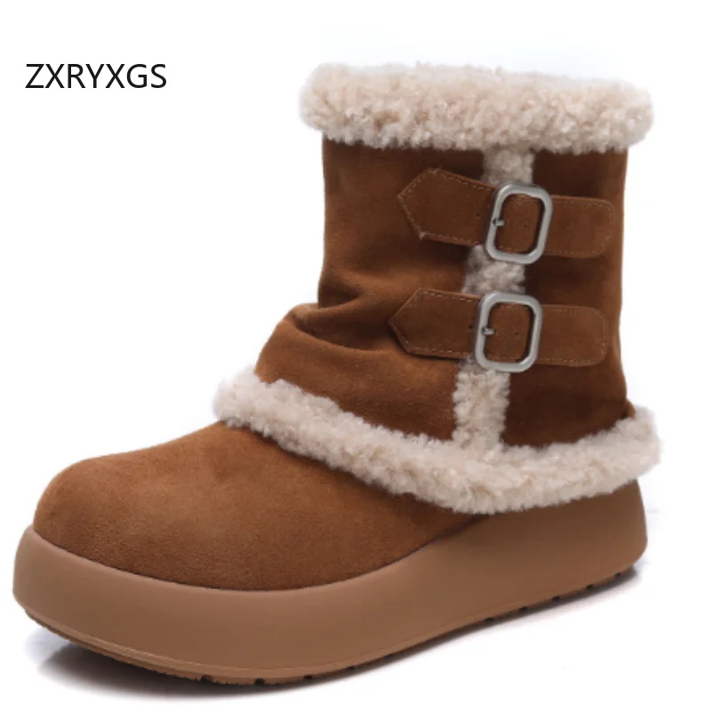 

ZXRYXGS Top Layer Cow Suede in-tube Snow Boots 2025 New Winter Fashion Versatile Comfortable Warm Cotton Boots Women Flat Boots