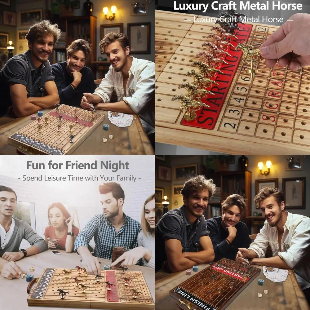 

Elegant Wooden Horse Racing Game with 11 Metal Horses, 2 Dice, and Card Sets in Folding Light Flame Design