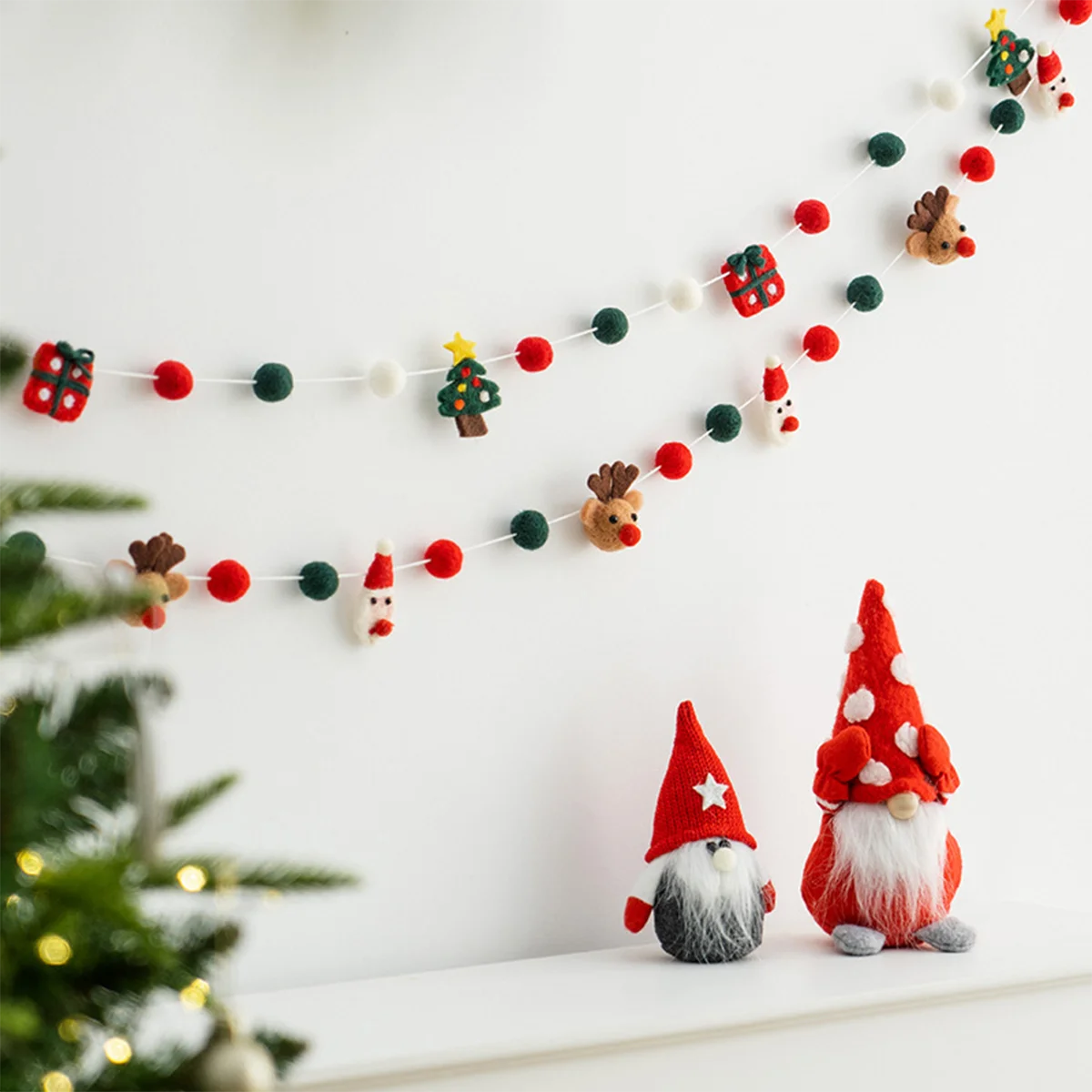 1pc Christmas Felt Pom Pom Garland- Santa, Reindeer, Tree & Gift Box Decorations, Festive Banner for Home Wall & Xmas Tree Decor