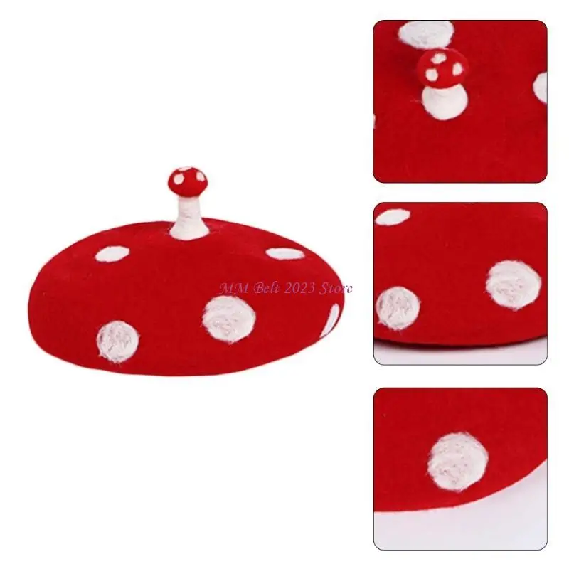 49ME نساء فتاة قبعة الفنان الفرنسي الدافئة الصوف قبعة شتوية قبعة خمر نقطة بيضاء النقاط لطيف صغير الفطر قبعة الشتاء قبعة