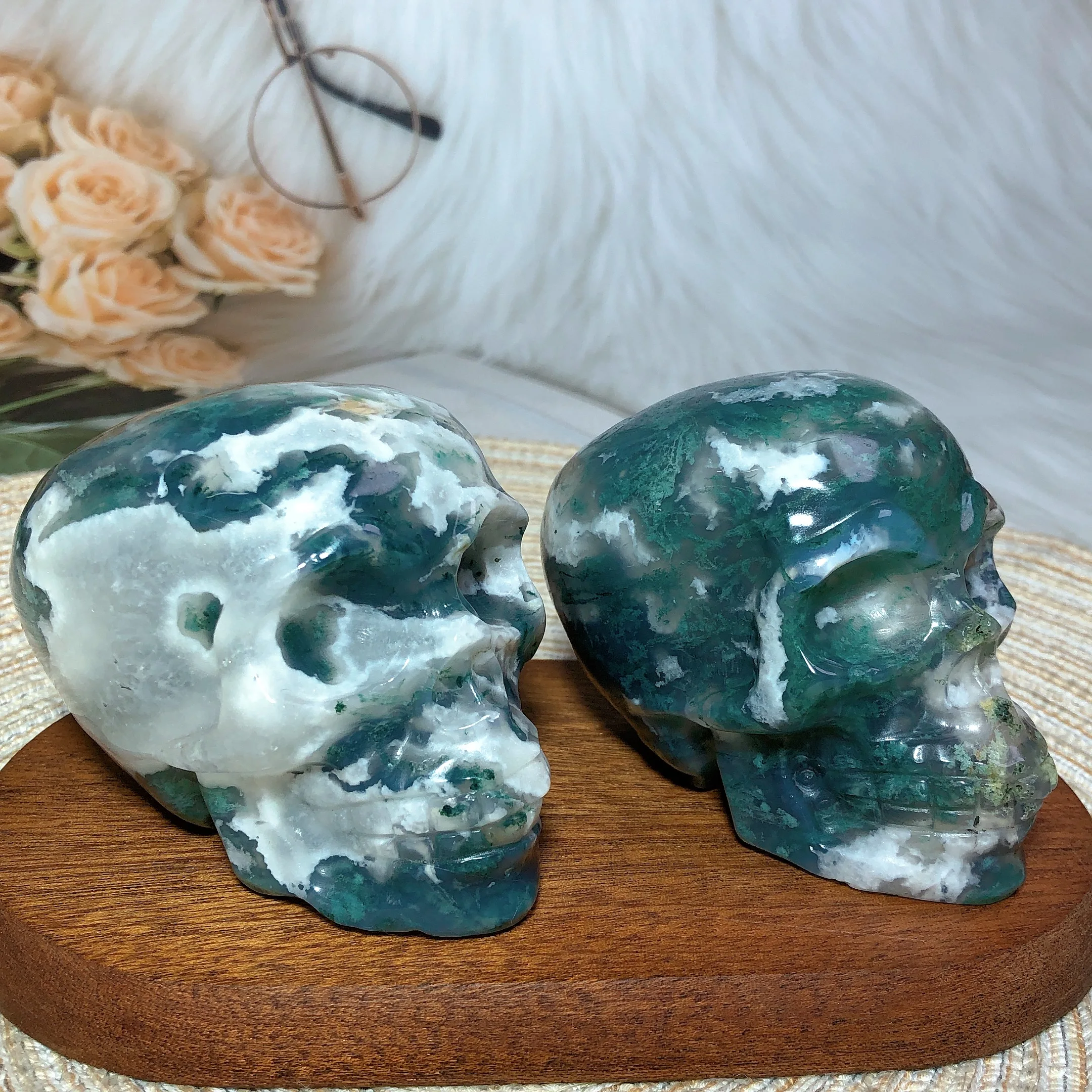 Natural Crystal Moss Agate Skull Carving Polished Energy Reiki Ornament Healing High Quality Home Decoration Room Decro