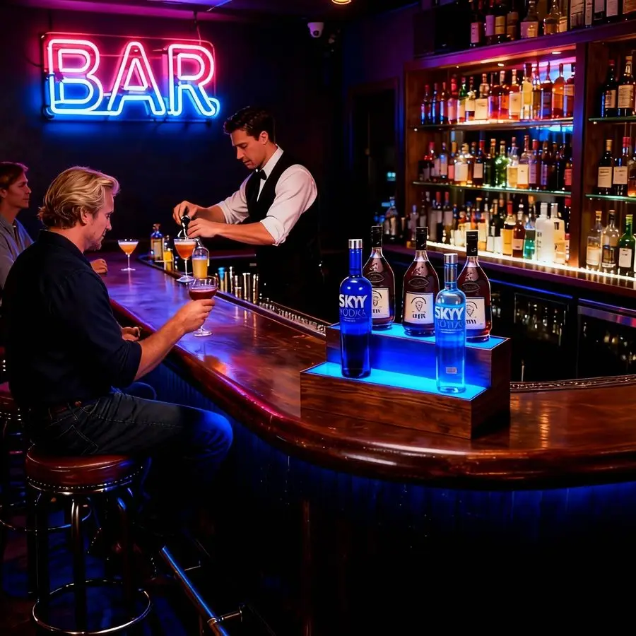 Rak Pajangan Botol Minuman Berlampu 16 Inci, Rak Bar LED 2 Tingkat, Rak Bar Minuman untuk Bar Rumah