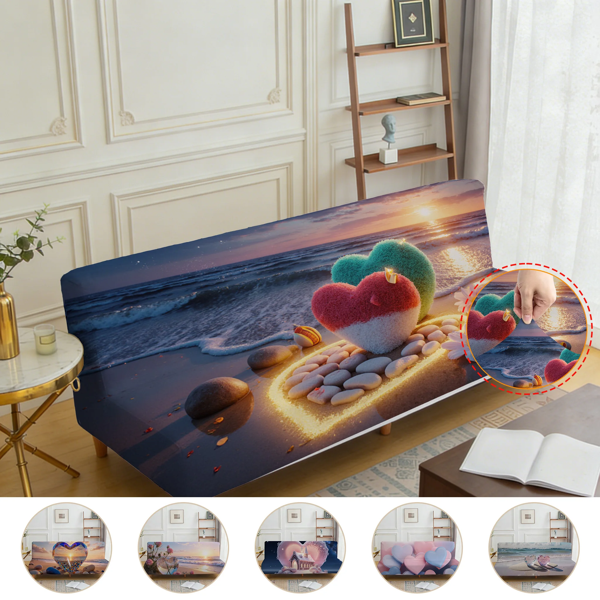 Armrest-free elastic sofa bed cover, living room home decoration, ins wind romantic love printing pattern
