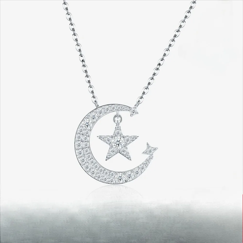 Iced Moissanite Star Moon Pendant Necklace 925 Sterling Silver Fine Jewelry White Gold Charm Necklaces Gift for Women Pass Test