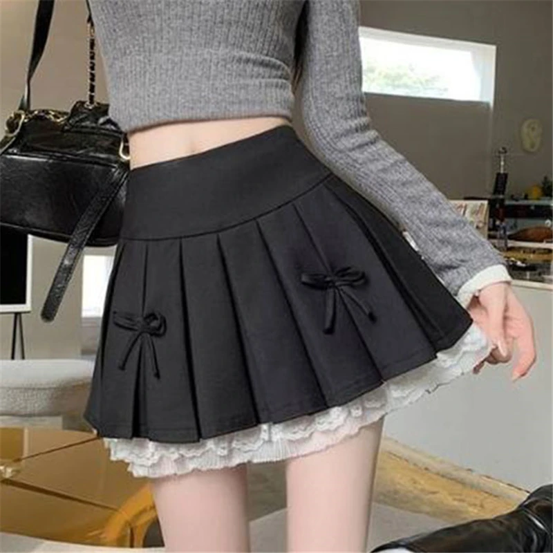 

Coquette Pleated Skirt Women Korean Fashion Preppy Style A-line Bow Lace Patchwork Faldas Mujer Cute Sexy Mini Skirt Y2k