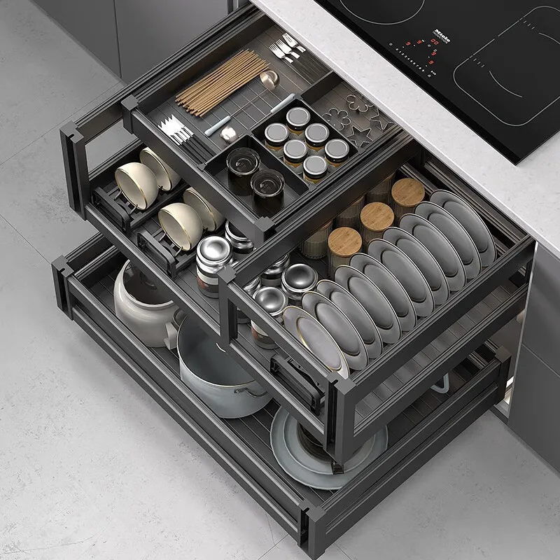 Kitchen basket Kitchen cabinet Aluminum alloy double-layer storage Dish rack