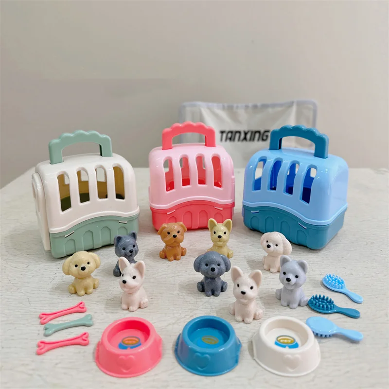 8pcs/set Dog Pet Basket Cute Cart Accessories Dog Doll Set Dog Cage Cart Ornaments Decoration Gifts Children Play House Toys