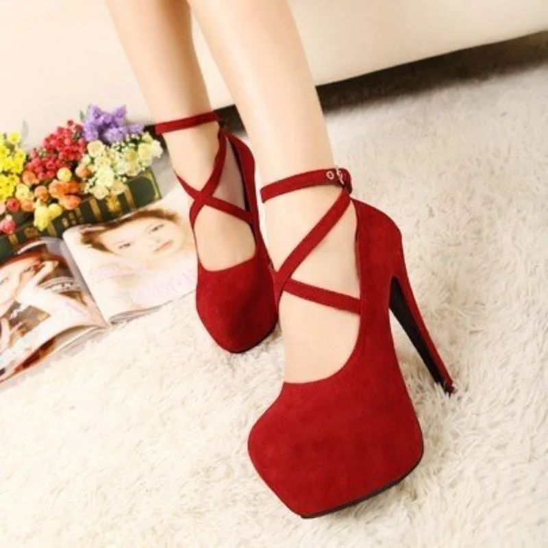 2026 Suede Cross Ankle Strap Red Sole Stiletto Pumps 11cm Platform Shoes for Women Round Toe Party Wedding High Heel Dress Shoes view 2
