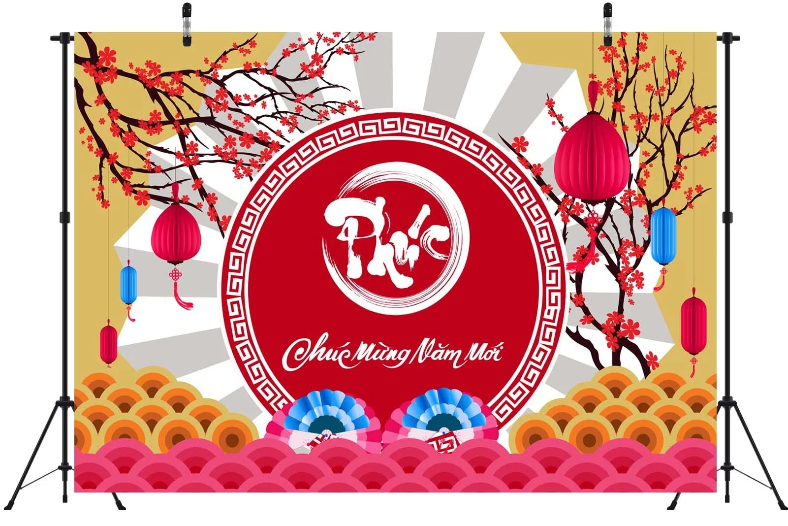 Happy Vietnamese Backdrop TET Cherry Blossoms Lanterns Lunar New Year Background Asian New Year Party Decorations Holiday