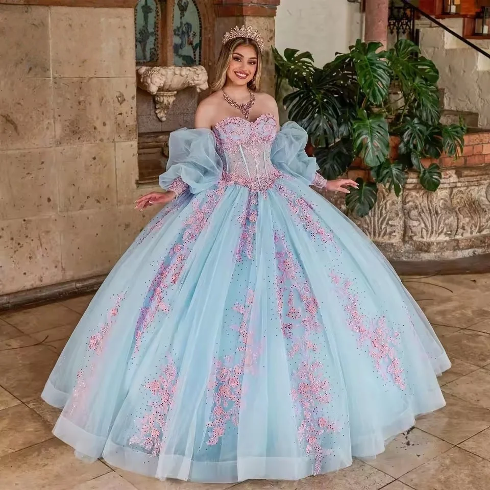 

Mexico Delicate Quinceanera Dresses For Girl Appliques Lace Up Puff Sleeves Bow Pleat Vestidos De 15 Anos Prom Party Gowns