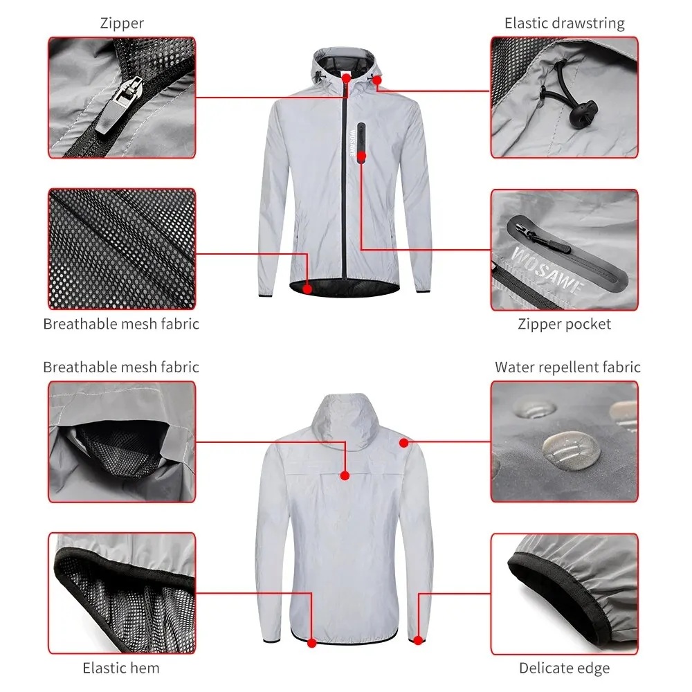 WOSAWE Men Full Reflective Jacket Night Glowing Cycling Jacket High Visibility MTB Bicycle Bike Windbreaker Travel Sport Coat