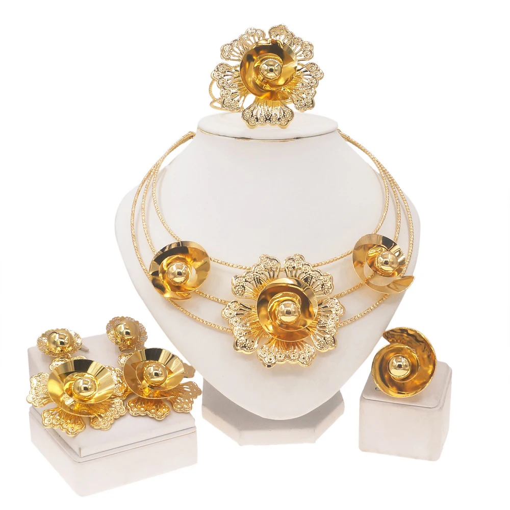 African Women Hollow Spiral Flower Jewelry Set 4 In 1 Gold Plated Multi-layer Necklace Earring Bracelet Ring Bridal Accessories