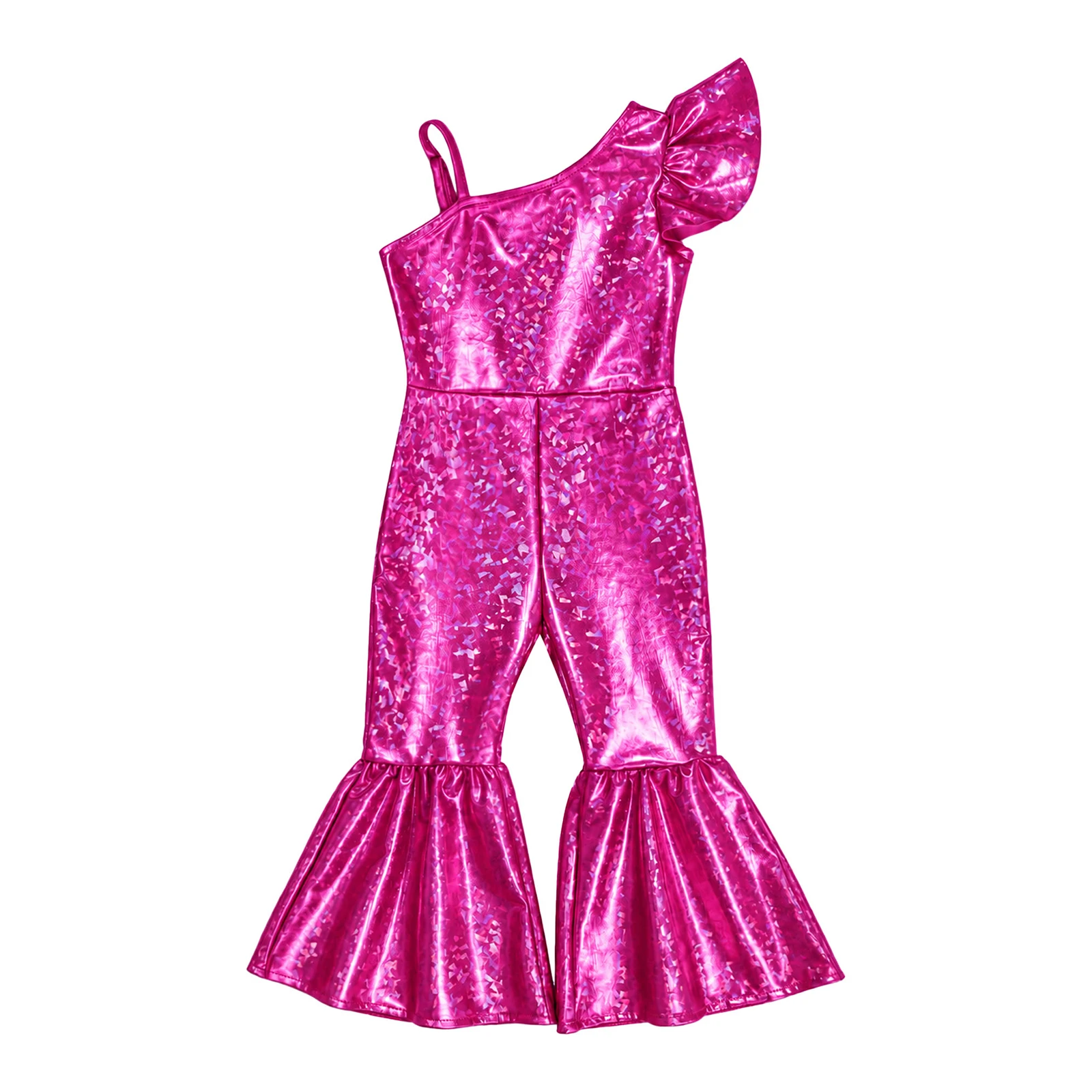 Toddler Kids Girls Metallic Shiny Romper One Shoulder Ruffled Sleeve Bell-bottom Pants Jumpsuit 70s Disco Party Jazz Dancewear view 3