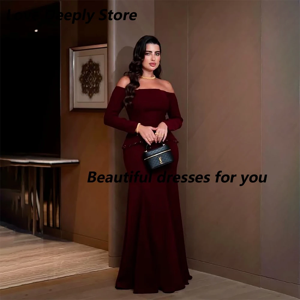 

Burgundy Formal Party Dress Customized Boat Neck 3/4 Sleeves Jersey Mermaid Evening Dress Floor Length Wedding Party Gown