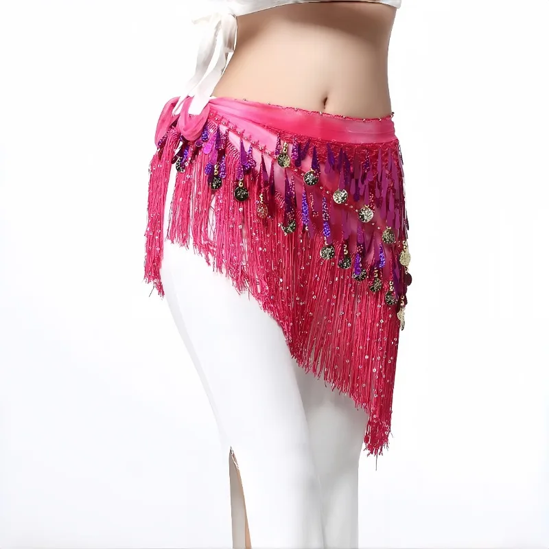 1 SZT. Cekinowa Frędzla Łańcuszek do Tańca Latynoamerykańskiego Pas Biodrowy na Imprezę Występ Dekoracja - Poliestrowy Trójkątny Łańcuszek na Pas z Monetami i Frędzlami