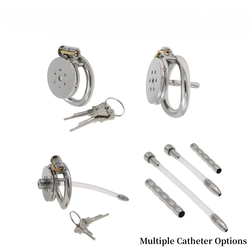 Male Chastity Belts Flat Round Holes Metal Chastity Locks with Urethral Catheters Penis Rings Penis Cages Sex Toys Gay Men 18+