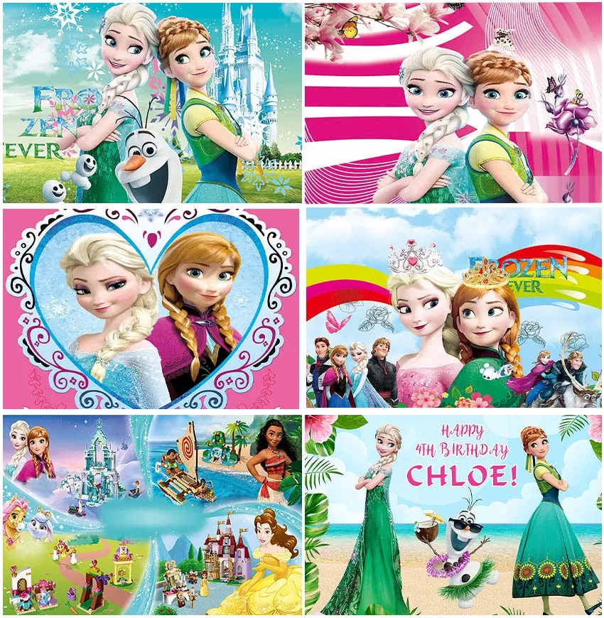 Disney Character Poster Princess Elsa Anna Cinderella Backgrounds Seaside Custom Birthday Party Decor Newborn Baby Backdrops