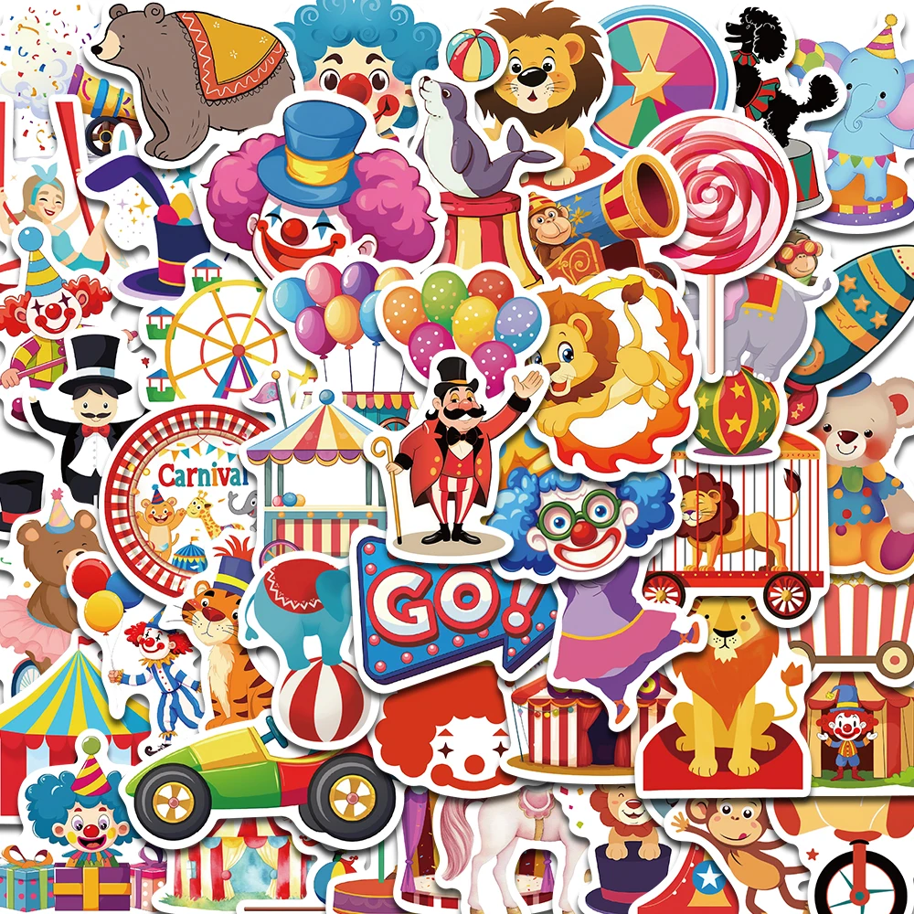 50PCS Carnival Fun Circus Carnival Stickers Graffiti Trick Joker Lion Elephant Waterproof Laptop DIY Water Phone Case Gifts