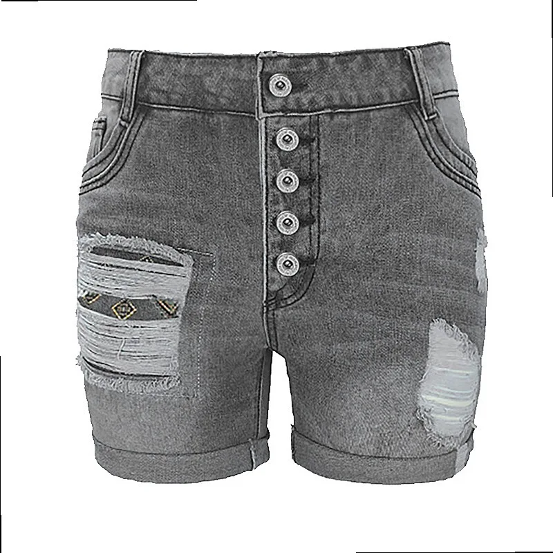 Summer Women's Slim Fit Distressed Denim Shorts with Rolled Hem Multi Button High Waist Denim Shorts for Ladies