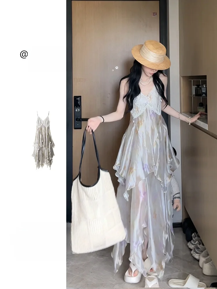 

Xiaoyu Sister Design Чувственное кружево с нерегулярным тонким принтом на бретельках Dr Летняя коллекция Асимметричный подол V-Ne Dr