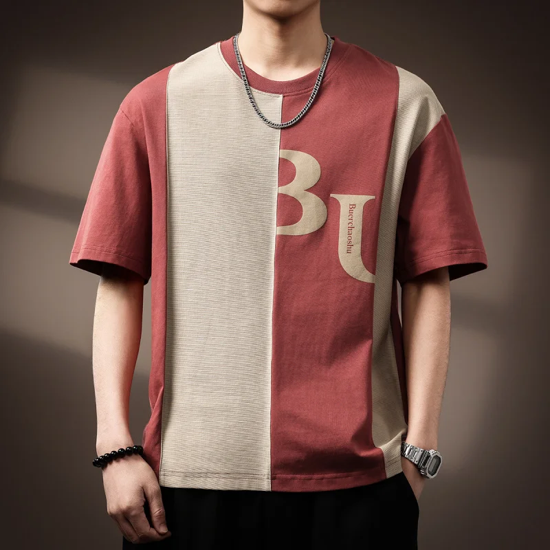 Color blocking design, loose plus size short sleeved T-shirt for men in summer 2025, new Japanese style casual men's clothing
