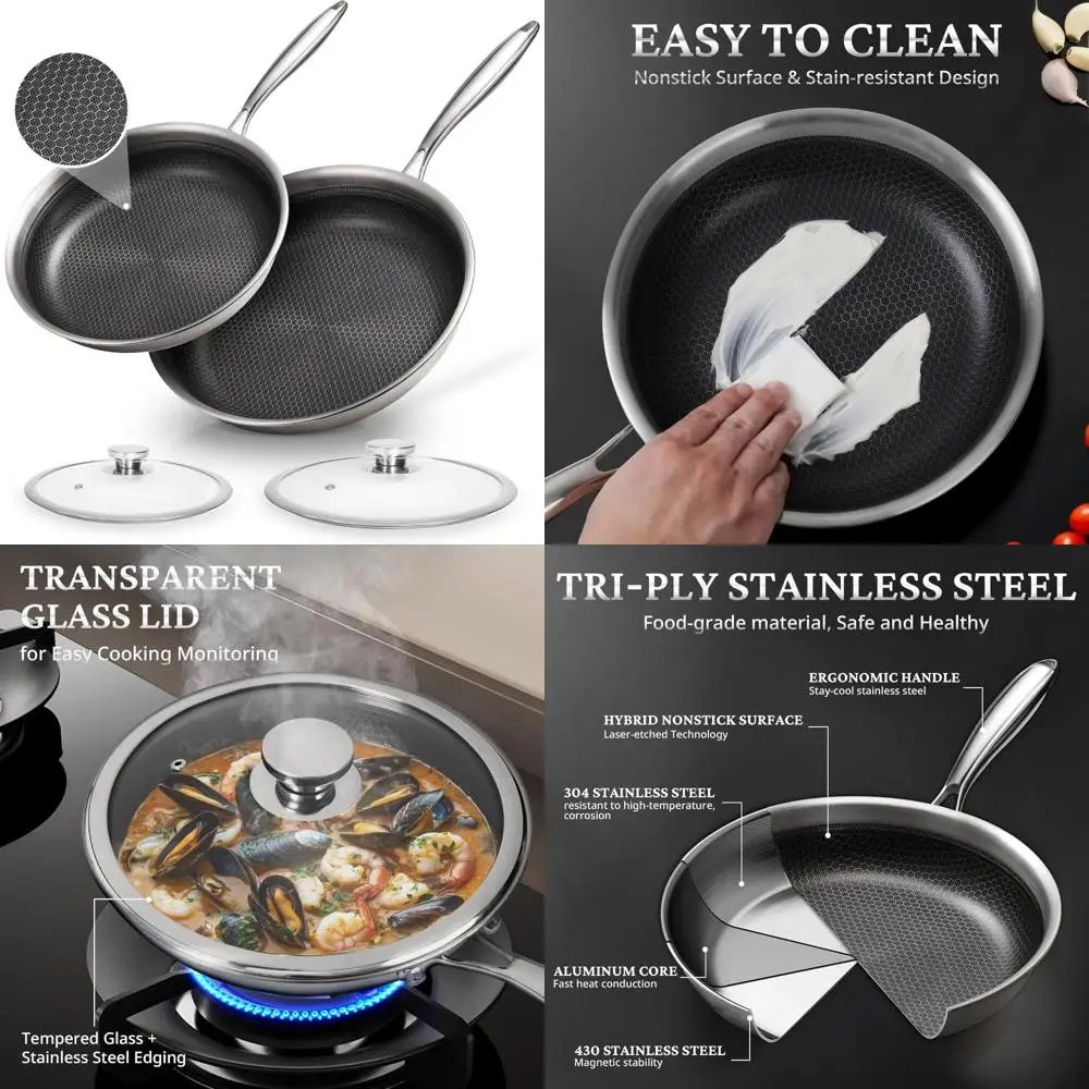 

Набор сковородок из нержавеющей стали с антипригарным покрытием, 9,5 и 11 дюймов, можно мыть в посудомоечной машине и в духовке, нетоксичные, сковороды с крышкой, гибридные