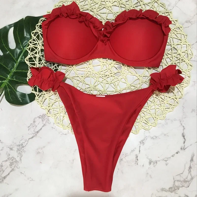 Einfarbiges Bikini-Set mit Schnürung, 2025, neuer zweiteiliger Damen-Badeanzug mit Schleife und sexy, rückenfreier Badeanzug mit V-Ausschnitt und Hosenträger