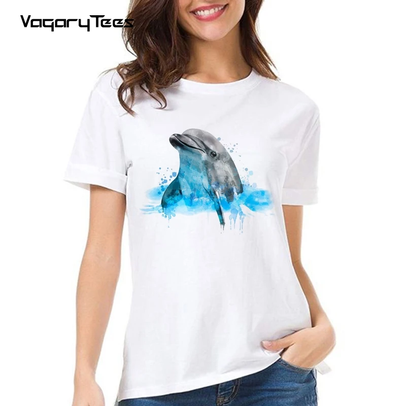 Female Casual Tops Streetwear Tee Watercolor Dolphin in Water Print women tshirt Casual t shirt Hipster Cute  T-shirt