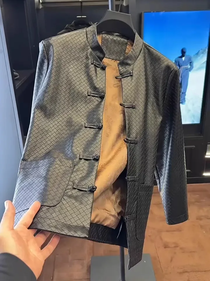 

New Men's PU Leather Collared Jaet Autumn Winter Faion Traditional Chinese Sle Busin Casual Haome Tang Suit Coat