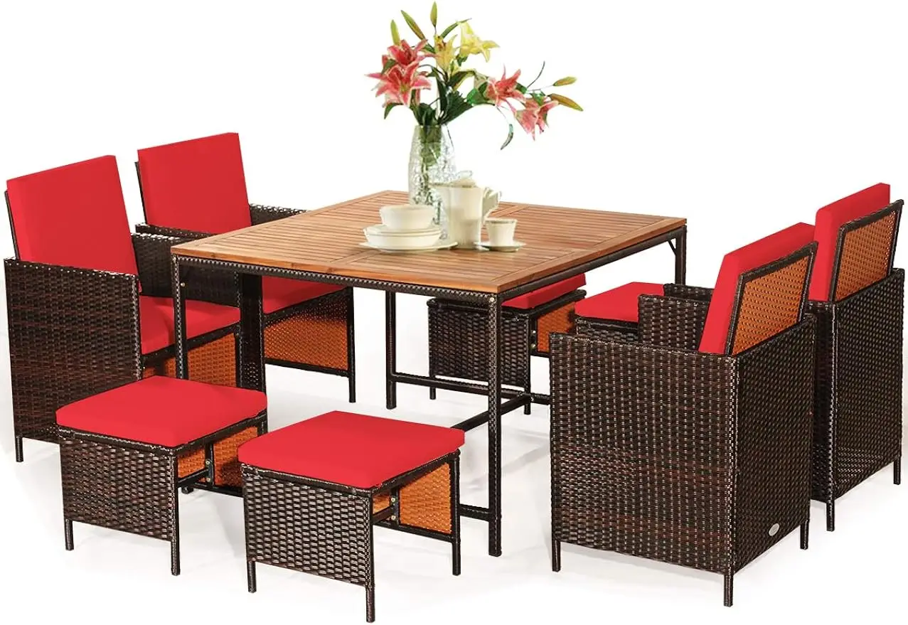 

9 Pieces Acacia Wood Patio Dining Set, Space Saving Wicker Chairs and Wood Table with Umbrella Hole Outdoor Furniture Set,