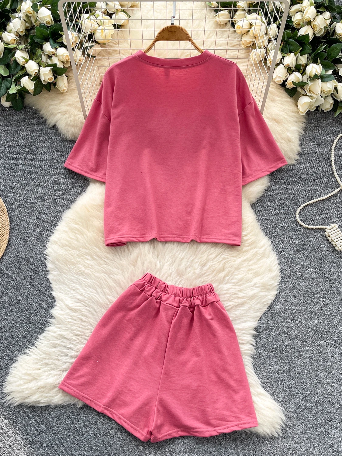 Casual Summer Faion Letter Print round Ne ort Sve T-irt High Waist Belted orts Set Women's Small Size Clothing