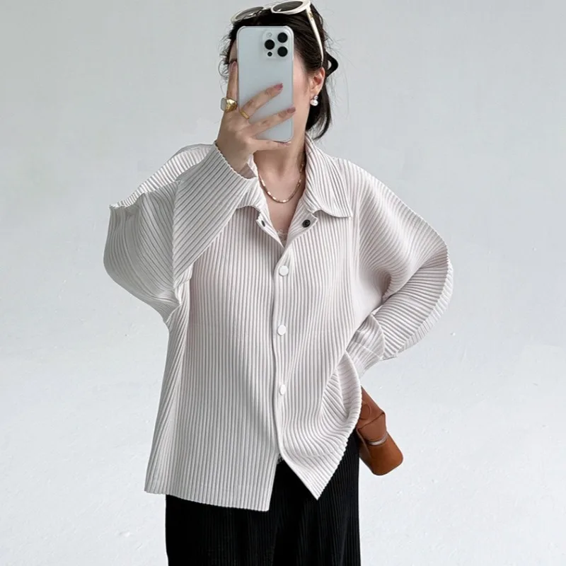 

Miyake Thickened Pleated Coat Women Long-Sleeved Loose-Fit Versatile Top Lapel Single-Breasted Button Down Casual Women's Wear