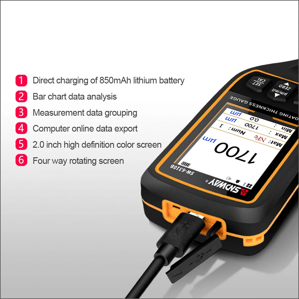 SNDWAY Width Measuring Instrument Paint Coating Thickness Gauge Digital Car Film Thickness Gauge Tester Thickness Gauge SW-6310B