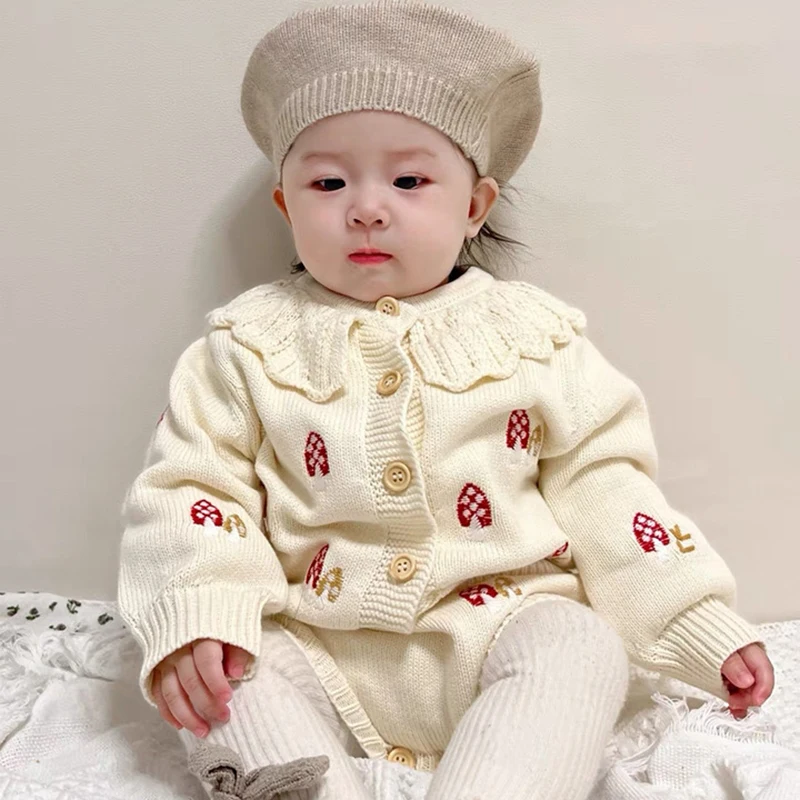 

Baby Girl Knit Cardigan Autumn Winter Baby Girls Knitted Sweaters Embroidery Mushroom Toddlers Kids Cotton Knit Cardigan Coats