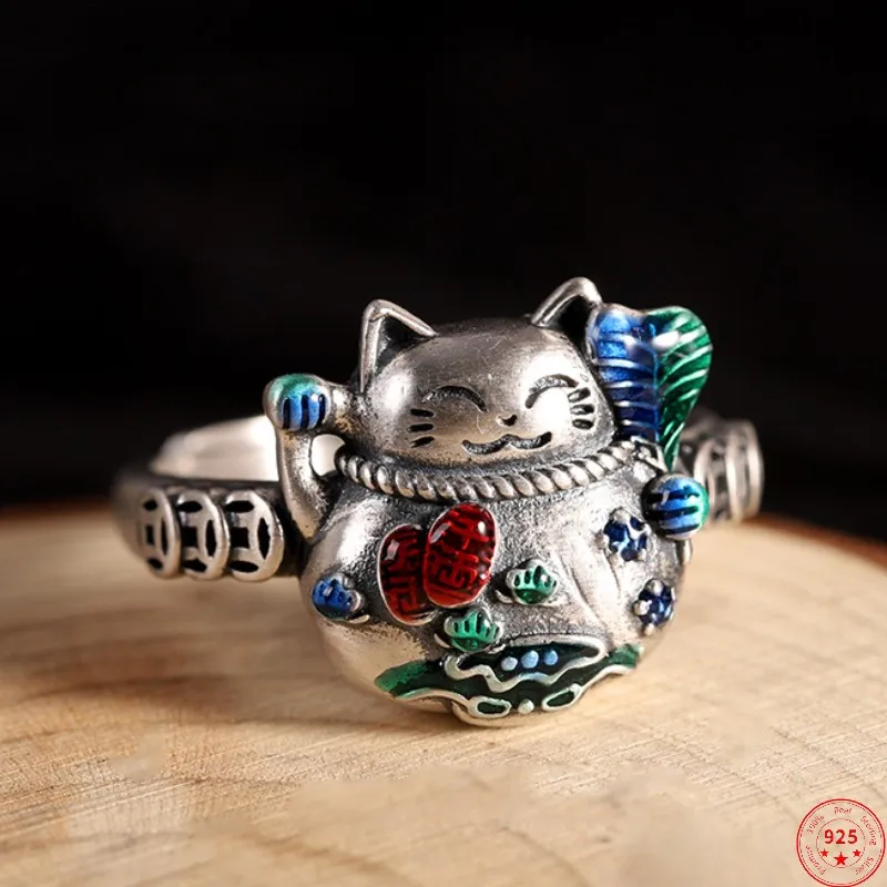 

Кольца BOCAI S925 из стерлингового серебра для женщин: Новые модные женские украшения с эмалью, в виде старинных монет и с изображением счастливого кота, из чистого серебра.